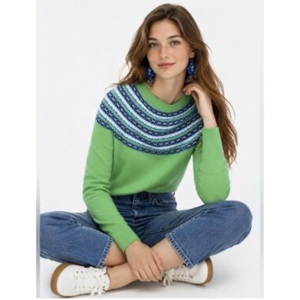 J.Crew Fair Isle 100% Cashmere Sweater Size Small Crewneck Green Preppy Classic